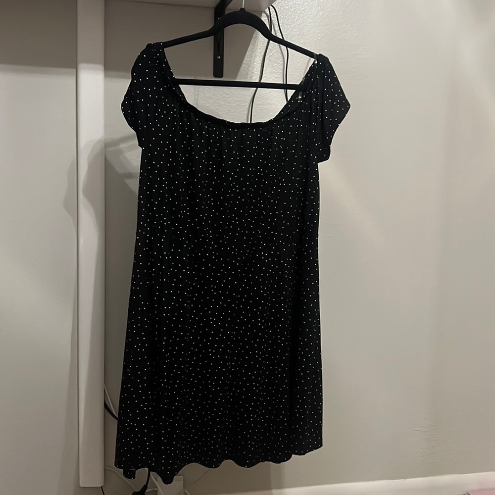 Black polka dot off the shoulder dress